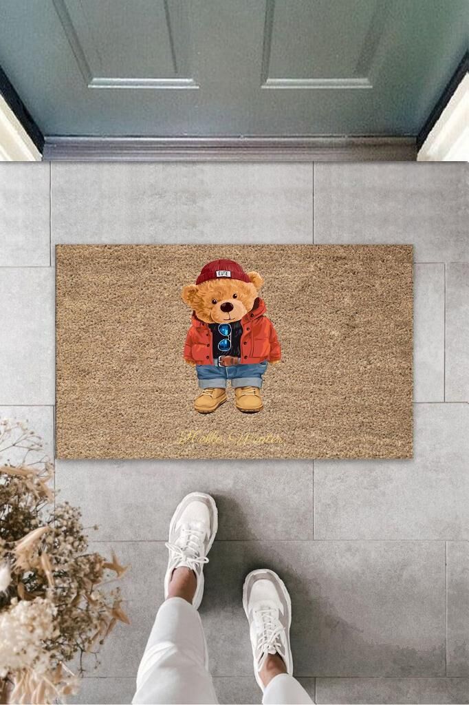 Kahverengi Kapı Önü Paspası Hello Winter Ayıcık Desen  K-3245