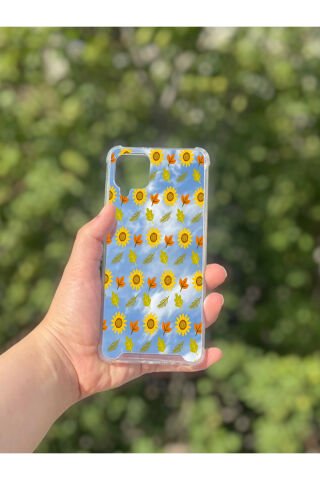Samsung Galaxy A12 Uyumlu Aynalı Ayçiçeği Desenli Darbe Kamera Korumalı Silikon Telefon Kılıfı