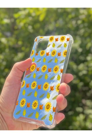 Samsung Galaxy A12 Uyumlu Aynalı Ayçiçeği Desenli Darbe Kamera Korumalı Silikon Telefon Kılıfı