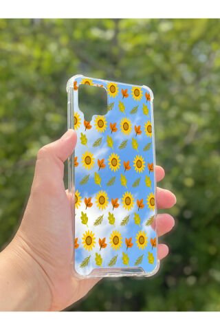 Samsung Galaxy A12 Uyumlu Aynalı Ayçiçeği Desenli Darbe Kamera Korumalı Silikon Telefon Kılıfı