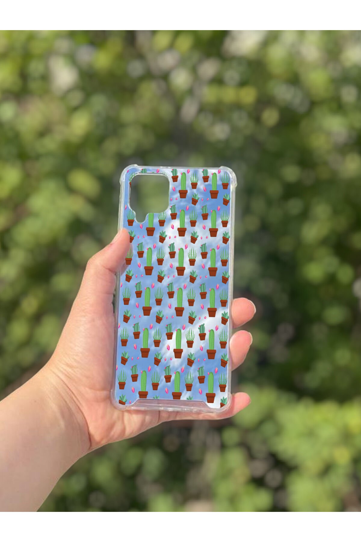 Samsung Galaxy A12 Uyumlu Aynalı Kaktüs Desenli Darbe Kamera Korumalı Silikon Telefon Kılıfı