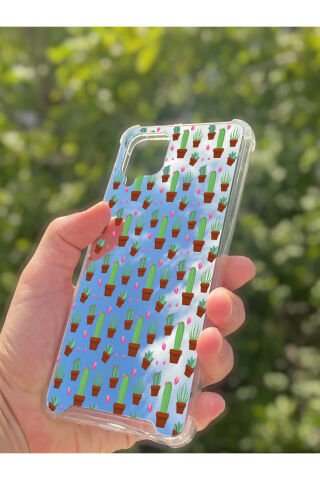 Samsung Galaxy A12 Uyumlu Aynalı Kaktüs Desenli Darbe Kamera Korumalı Silikon Telefon Kılıfı