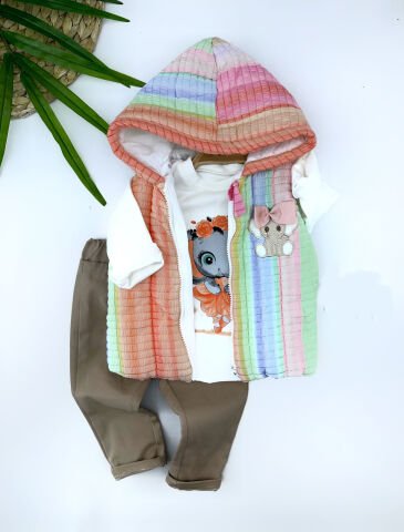 9-12-18-24 Ay Kapşonlu Fermuarlı Gökkuşağı Şişme Yelek Sweat Pantolonlu 3lü Kız Erkek Bebek Takımı