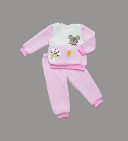 1-2-3 Yaş Sallanan Balık Nakışlı Kuzu Kumaş Sweat Pantolon Uzun Kollu Kız Erkek 2 Li Takımı