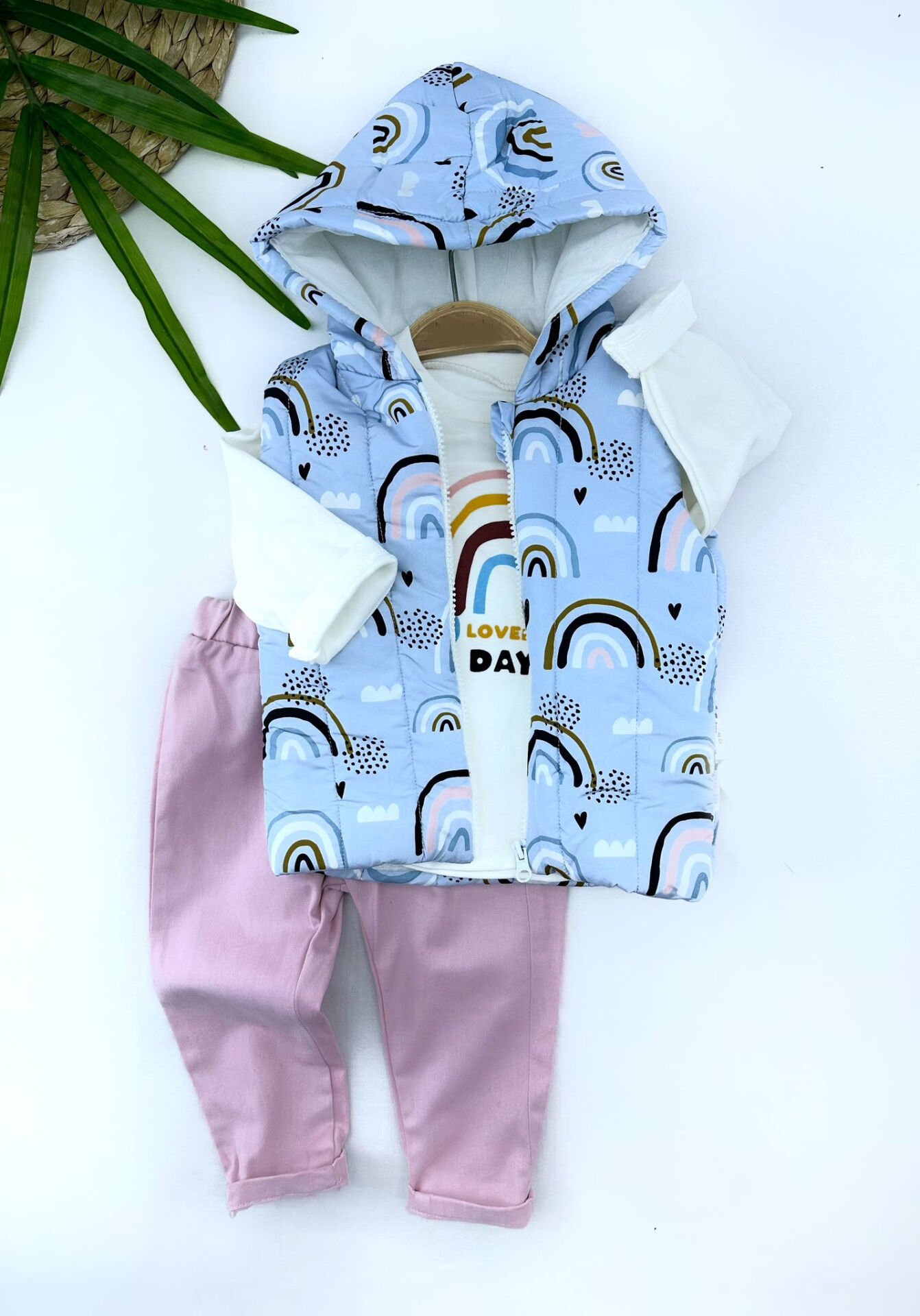 9-12-18-24 Ay Kapşonlu Fermuarlı Baskılı Şişme Yelek Sweat Pantolonlu 3lü Kız Erkek Bebek Takımı