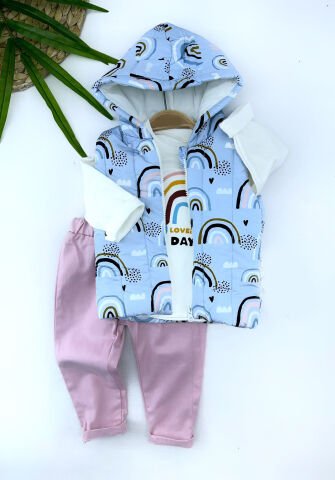 9-12-18-24 Ay Kapşonlu Fermuarlı Baskılı Şişme Yelek Sweat Pantolonlu 3lü Kız Erkek Bebek Takımı