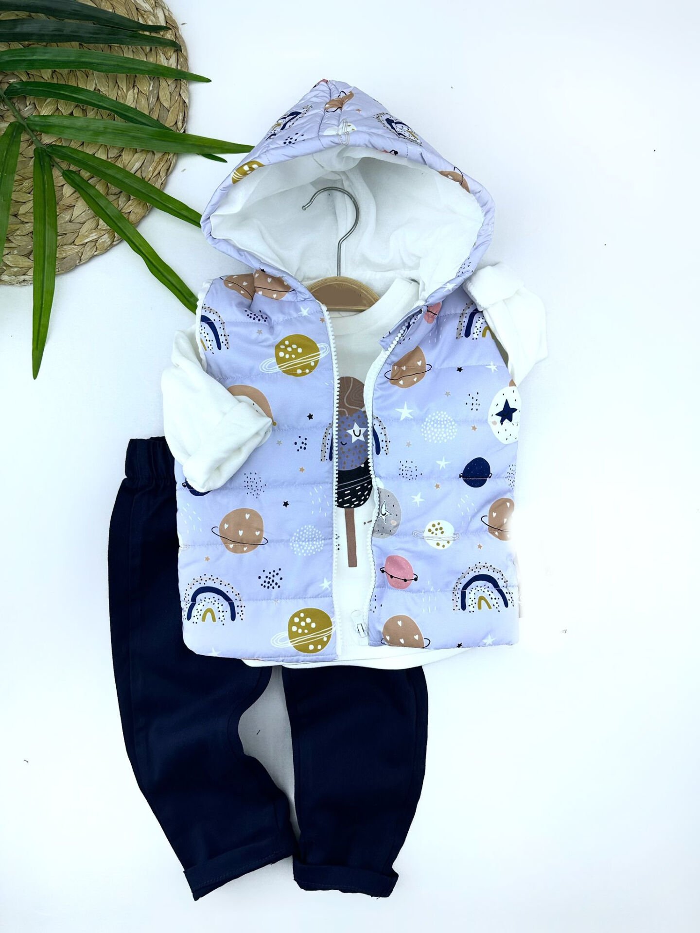 9-12-18-24 Ay Kapşonlu Fermuarlı Galaksi Şişme Yelek Sweat Pantolonlu 3lü Kız Erkek Bebek Takımı