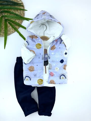 9-12-18-24 Ay Kapşonlu Fermuarlı Galaksi Şişme Yelek Sweat Pantolonlu 3lü Kız Erkek Bebek Takımı