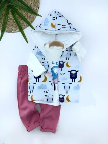9-12-18-24 Ay Kapşonlu Fermuarlı Kuzucuk Şişme Yelek Sweat Pantolonlu 3lü Kız Erkek Bebek Takımı