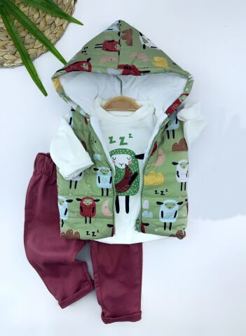 9-12-18-24 Ay Kapşonlu Fermuarlı Kuzucuk Şişme Yelek Sweat Pantolonlu 3lü Kız Erkek Bebek Takımı