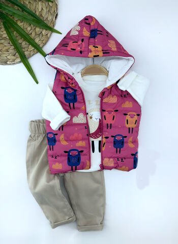 9-12-18-24 Ay Kapşonlu Fermuarlı Kuzucuk Şişme Yelek Sweat Pantolonlu 3lü Kız Erkek Bebek Takımı