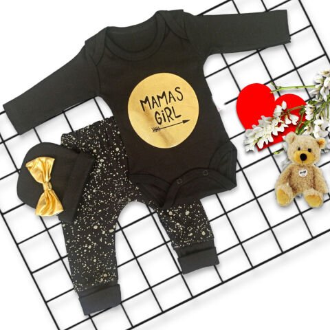 3 Ay Fiyonklu Şapkalı Mamas Girl Baskılı Uzun Kollu 3lü Kız Bebek Takımı