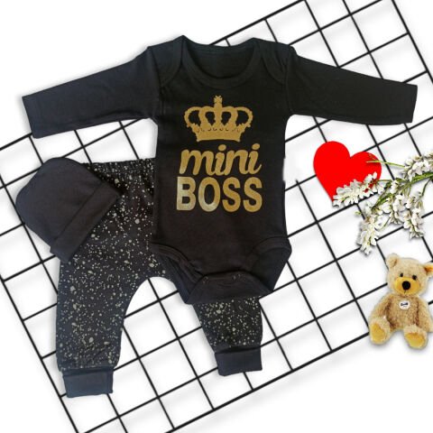 3-6 Ay Şapkalı Mini Taç Baskılı Uzun Kollu 3lü Kız Bebek Takımı