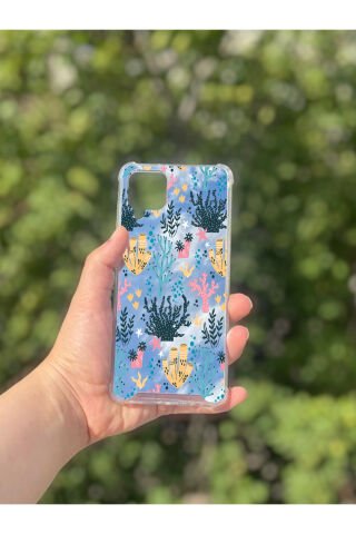 Samsung Galaxy A12 Uyumlu Aynalı Renkli Dal Desenli Darbe Kamera Korumalı Silikon Telefon Kılıfı
