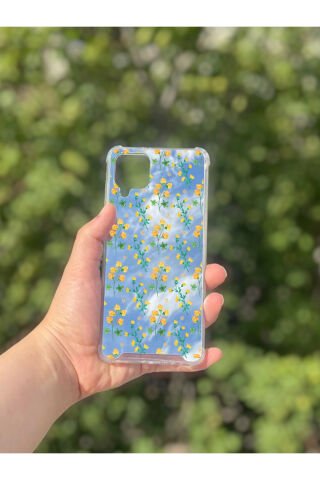 Samsung Galaxy A12 Uyumlu Aynalı Sarı Çiçek Desenli Darbe Kamera Korumalı Silikon Telefon Kılıfı