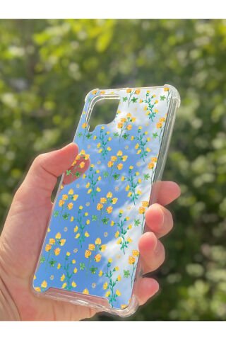 Samsung Galaxy A12 Uyumlu Aynalı Sarı Çiçek Desenli Darbe Kamera Korumalı Silikon Telefon Kılıfı