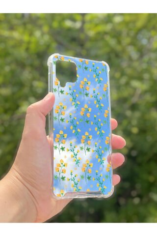 Samsung Galaxy A12 Uyumlu Aynalı Sarı Çiçek Desenli Darbe Kamera Korumalı Silikon Telefon Kılıfı