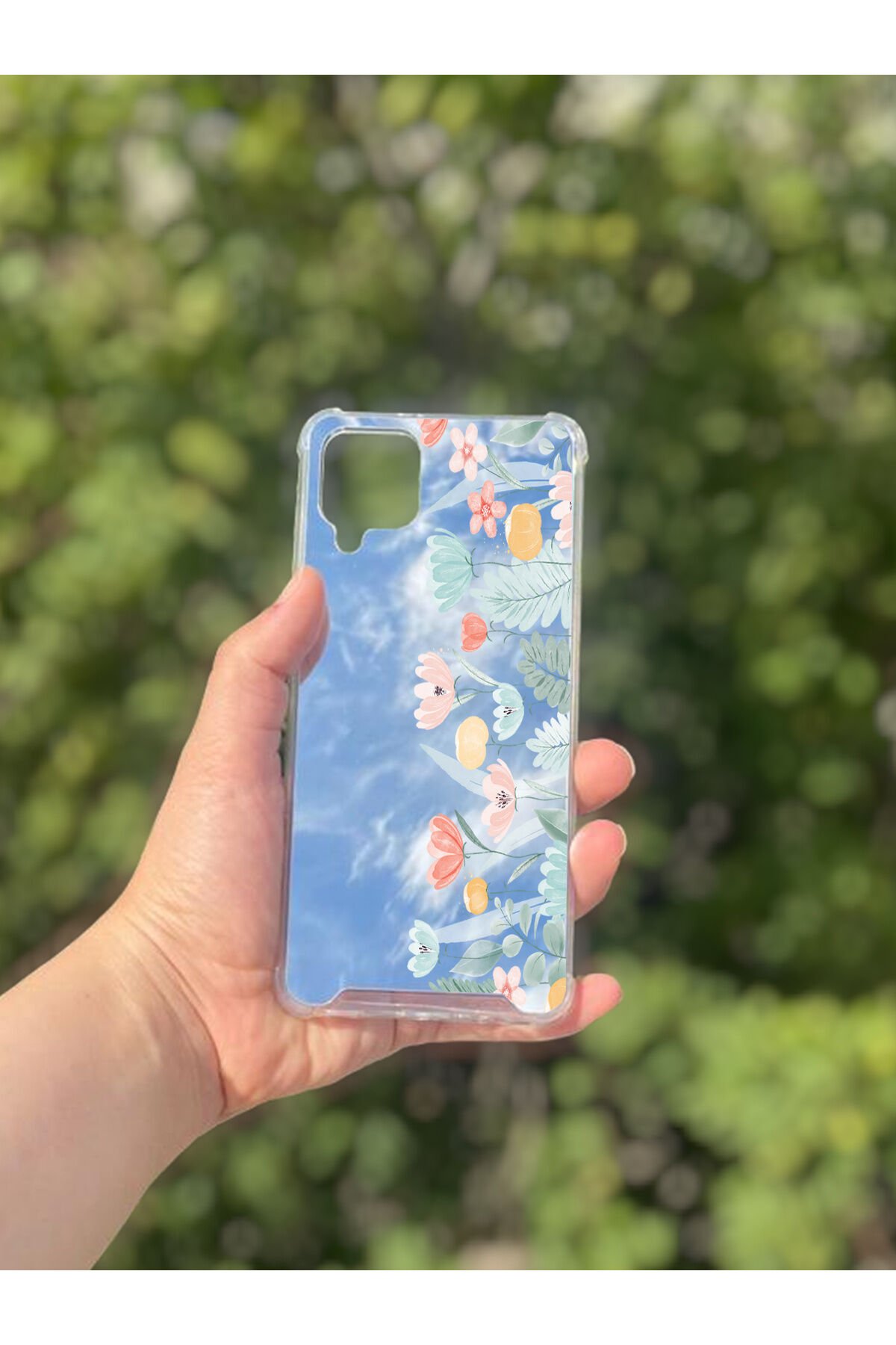 Samsung Galaxy A12 Uyumlu Aynalı Lale Desenli Darbe Kamera Korumalı Silikon Telefon Kılıfı