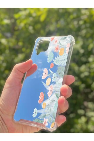 Samsung Galaxy A12 Uyumlu Aynalı Lale Desenli Darbe Kamera Korumalı Silikon Telefon Kılıfı