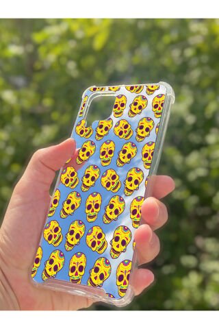 Samsung Galaxy A12 Uyumlu Aynalı Sarı Kuru Kafa Desenli Darbe Kamera Korumalı Silikon Telefon Kılıfı