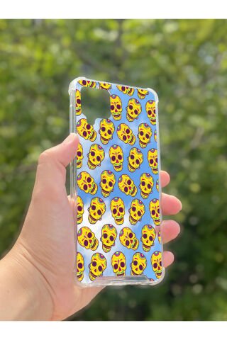 Samsung Galaxy A12 Uyumlu Aynalı Sarı Kuru Kafa Desenli Darbe Kamera Korumalı Silikon Telefon Kılıfı