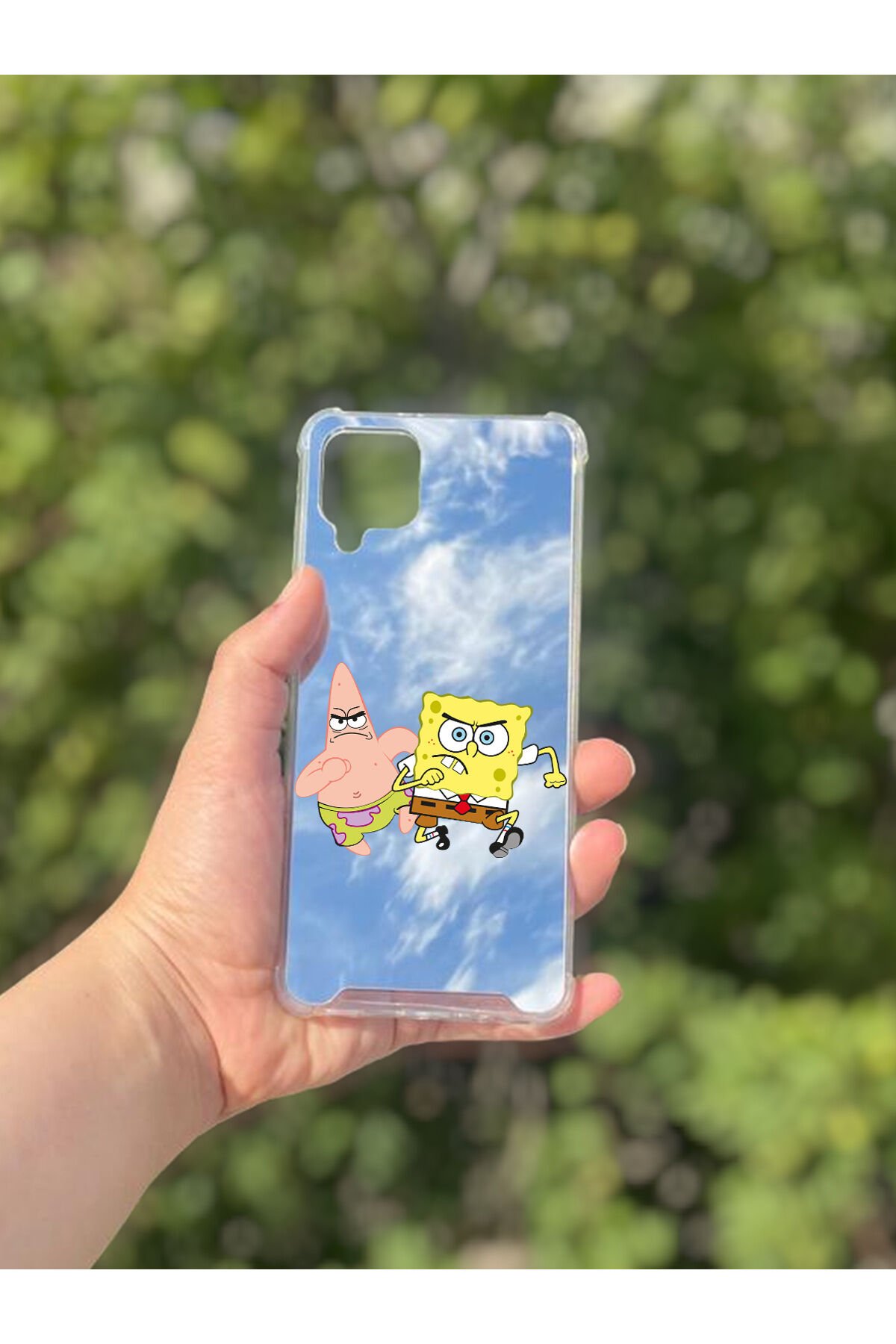 Samsung Galaxy A12 Uyumlu Aynalı Sünger Bob Desenli Darbe Kamera Korumalı Silikon Telefon Kılıfı