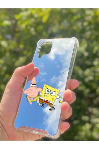 Samsung Galaxy A12 Uyumlu Aynalı Sünger Bob Desenli Darbe Kamera Korumalı Silikon Telefon Kılıfı