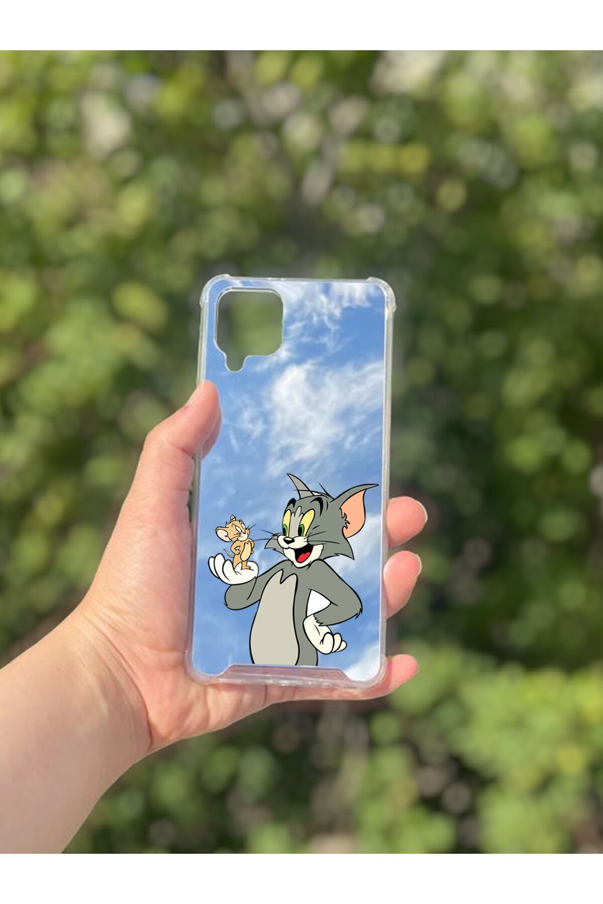 Samsung Galaxy A12 Uyumlu Aynalı Tom Ve Jerry Desenli Darbe Kamera Korumalı Silikon Telefon Kılıfı