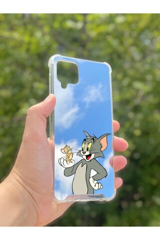 Samsung Galaxy A12 Uyumlu Aynalı Tom Ve Jerry Desenli Darbe Kamera Korumalı Silikon Telefon Kılıfı
