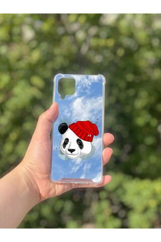 Samsung Galaxy A12 Uyumlu Aynalı Şapkalı Panda Desenli Darbe Kamera Korumalı Silikon Telefon Kılıfı