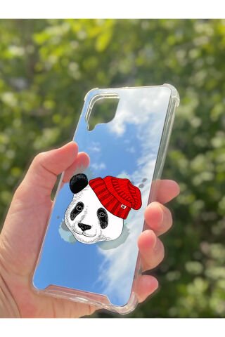 Samsung Galaxy A12 Uyumlu Aynalı Şapkalı Panda Desenli Darbe Kamera Korumalı Silikon Telefon Kılıfı