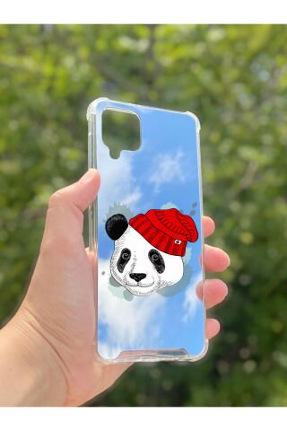 Samsung Galaxy A12 Uyumlu Aynalı Şapkalı Panda Desenli Darbe Kamera Korumalı Silikon Telefon Kılıfı