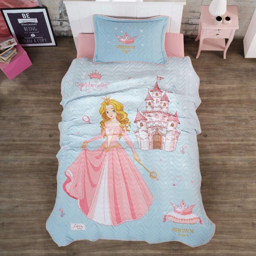 Ranforce 100% Pamuk Kapitoneli Tek Kişilik Yatak Örtüsü Takımı Crown Pembe