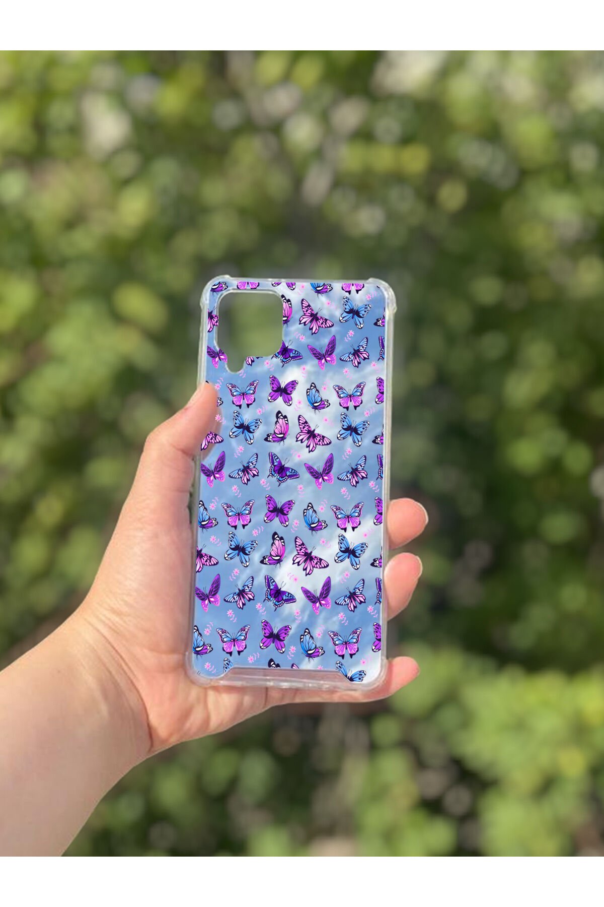 Samsung Galaxy A12 Uyumlu Aynalı Kelebek Desenli Darbe Kamera Korumalı Silikon Telefon Kılıfı