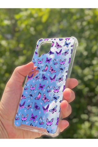 Samsung Galaxy A12 Uyumlu Aynalı Kelebek Desenli Darbe Kamera Korumalı Silikon Telefon Kılıfı