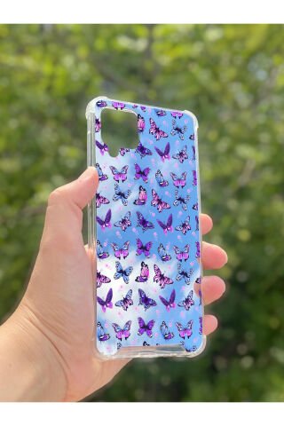 Samsung Galaxy A12 Uyumlu Aynalı Kelebek Desenli Darbe Kamera Korumalı Silikon Telefon Kılıfı