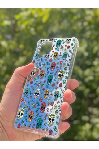 Samsung Galaxy A12 Uyumlu Aynalı Kuru Kafa Desenli Darbe Kamera Korumalı Silikon Telefon Kılıfı