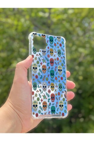 Samsung Galaxy A12 Uyumlu Aynalı Kuru Kafa Desenli Darbe Kamera Korumalı Silikon Telefon Kılıfı