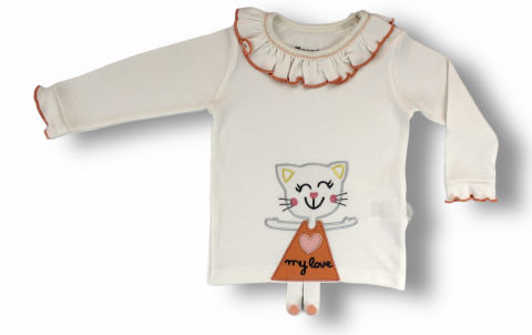 6-9 9-12 12-18 Ay Elbiseli Kedi Nakışlı Bandanalı Uzun Kollu Sweat 3lü Kız Bebek Takımı