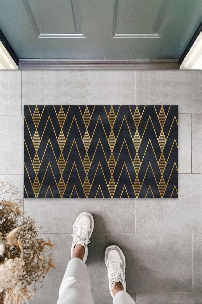 Siyah-Gold Kapı Önü Paspası Zigzag Desen  K-3209