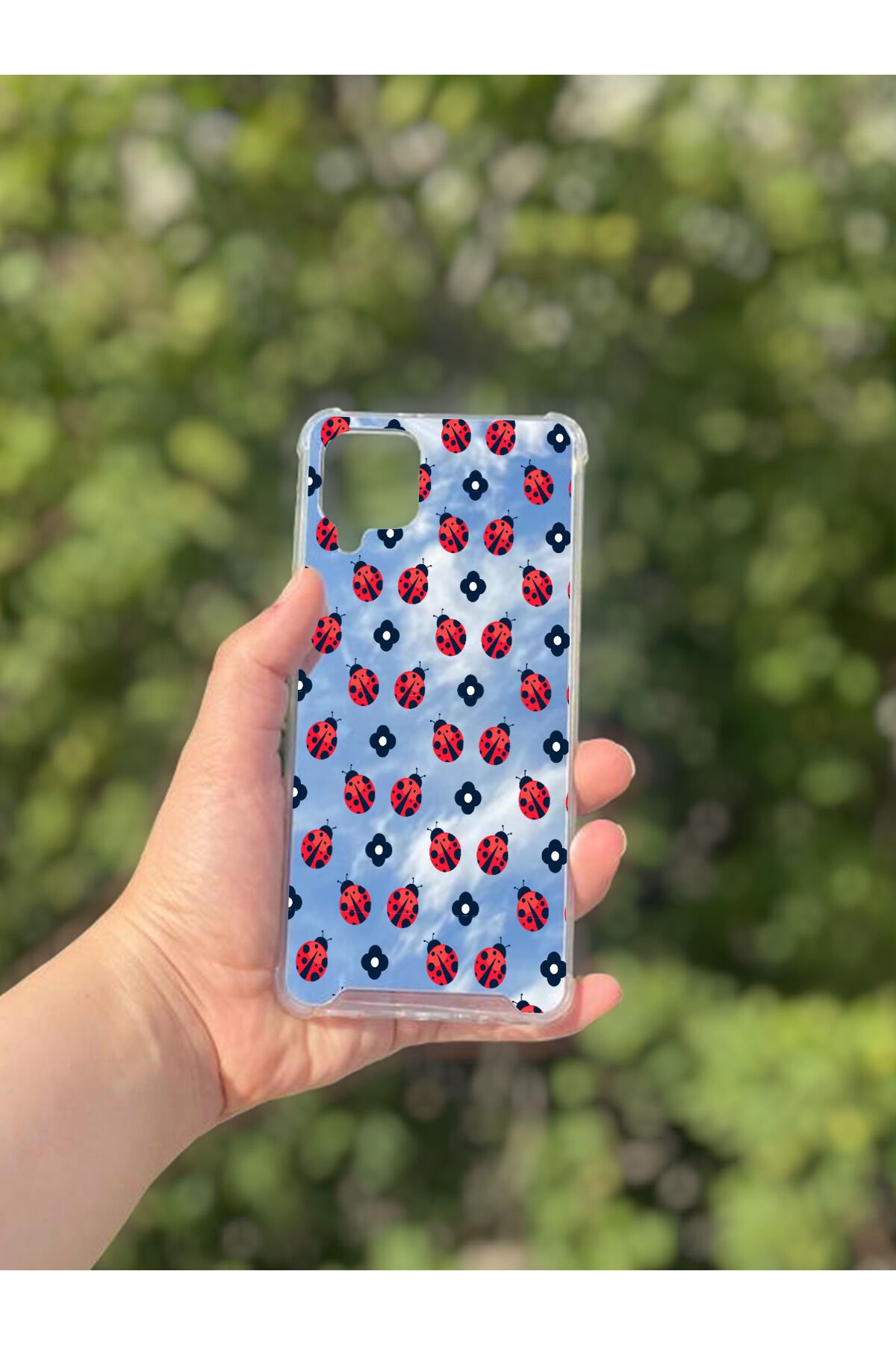 Samsung Galaxy A12 Uyumlu Aynalı Uğur Böceği Desenli Darbe Kamera Korumalı Silikon Telefon Kılıfı