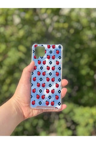 Samsung Galaxy A12 Uyumlu Aynalı Uğur Böceği Desenli Darbe Kamera Korumalı Silikon Telefon Kılıfı