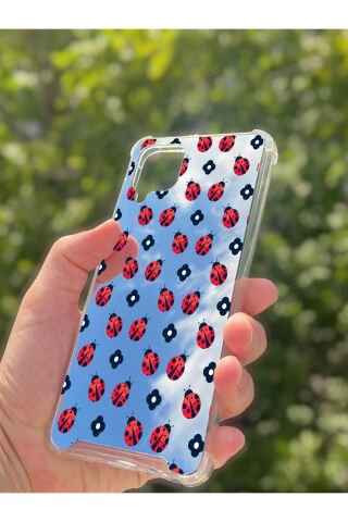 Samsung Galaxy A12 Uyumlu Aynalı Uğur Böceği Desenli Darbe Kamera Korumalı Silikon Telefon Kılıfı
