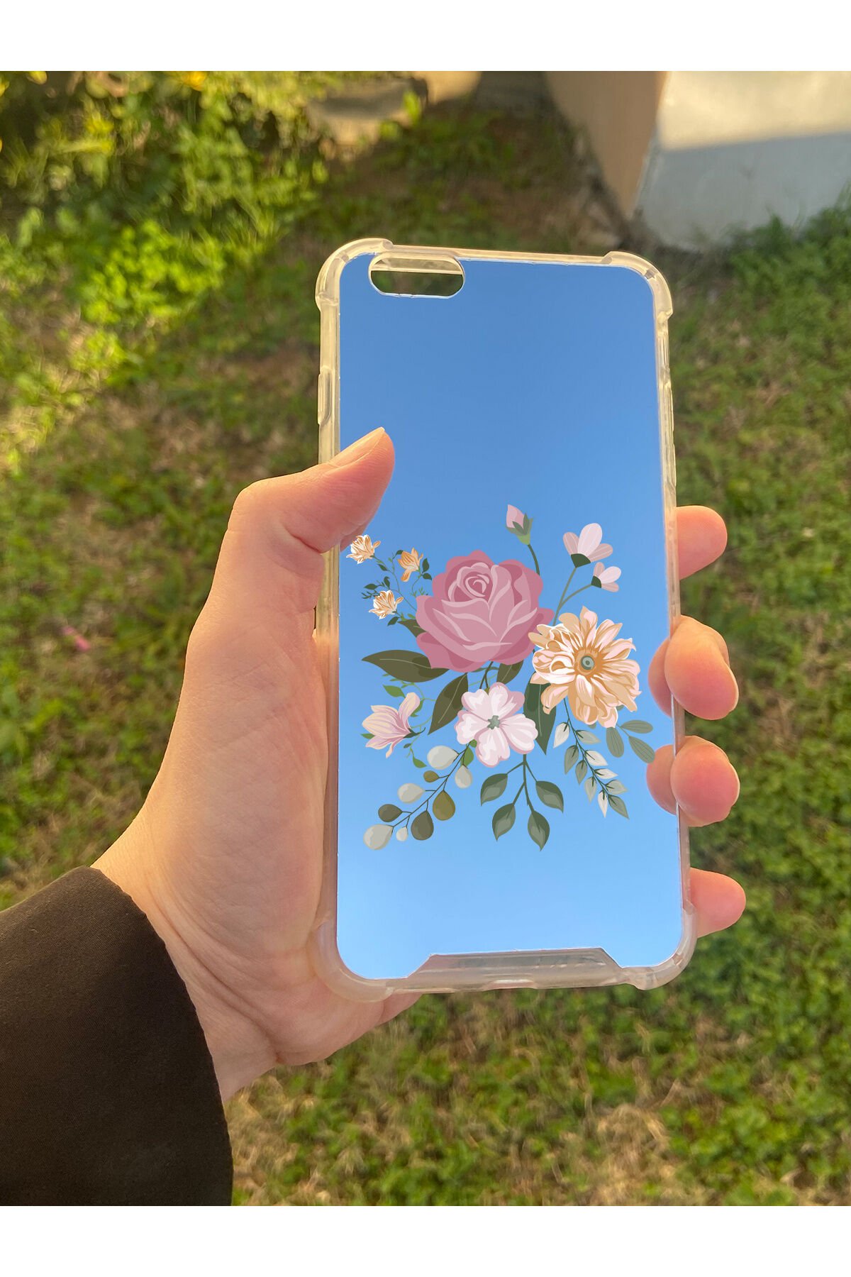 İphone 6 Plus Uyumlu Aynalı Pembe Gül Desenli Darbe Kamera Korumalı Silikon Telefon Kılıfı