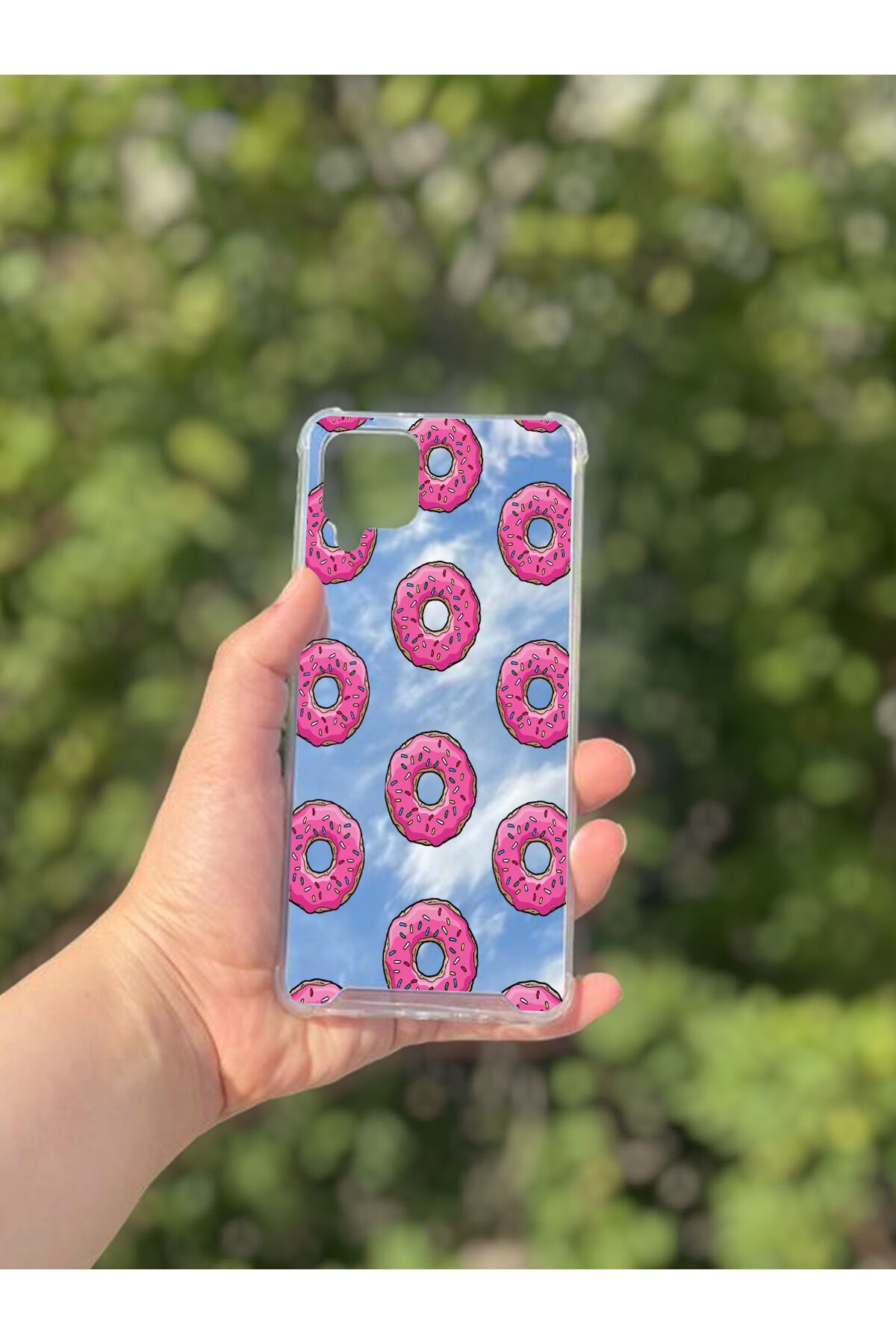 Samsung Galaxy A12 Uyumlu Aynalı Pembe Donut Desenli Darbe Kamera Korumalı Silikon Telefon Kılıfı