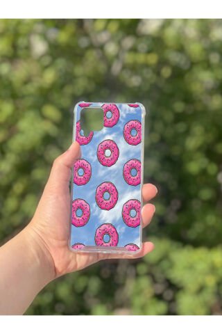 Samsung Galaxy A12 Uyumlu Aynalı Pembe Donut Desenli Darbe Kamera Korumalı Silikon Telefon Kılıfı