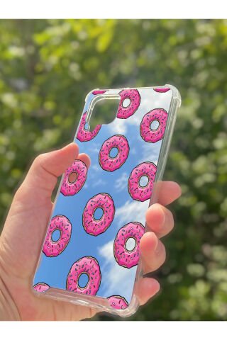 Samsung Galaxy A12 Uyumlu Aynalı Pembe Donut Desenli Darbe Kamera Korumalı Silikon Telefon Kılıfı