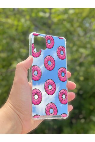 Samsung Galaxy A12 Uyumlu Aynalı Pembe Donut Desenli Darbe Kamera Korumalı Silikon Telefon Kılıfı
