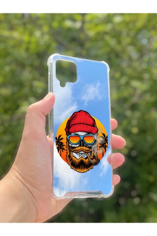 Samsung Galaxy A12 Uyumlu Aynalı Kuru Kafa Desenli Darbe Kamera Korumalı Silikon Telefon Kılıfı