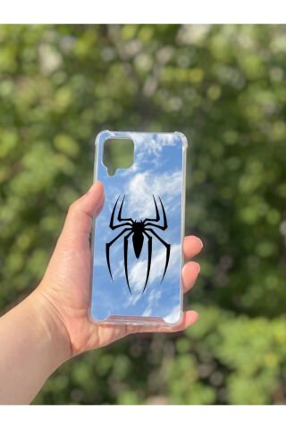 Samsung Galaxy A12 Uyumlu Aynalı Spider Desenli Darbe Kamera Korumalı Silikon Telefon Kılıfı